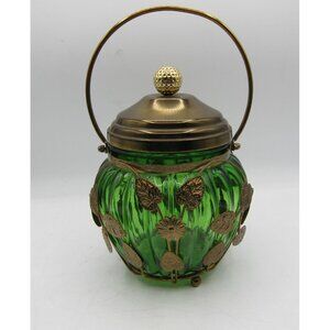 Vintage 1950s Green Glass Musical Candy Jar Gold Floral Trim Lidded Biscuit Jar